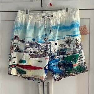 Islandhaze White, Blue & Green Coastal Boat Print Swim Shorts